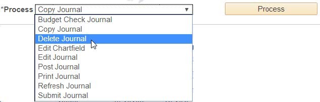 Select Delete Journal from the Process dropdown menu.