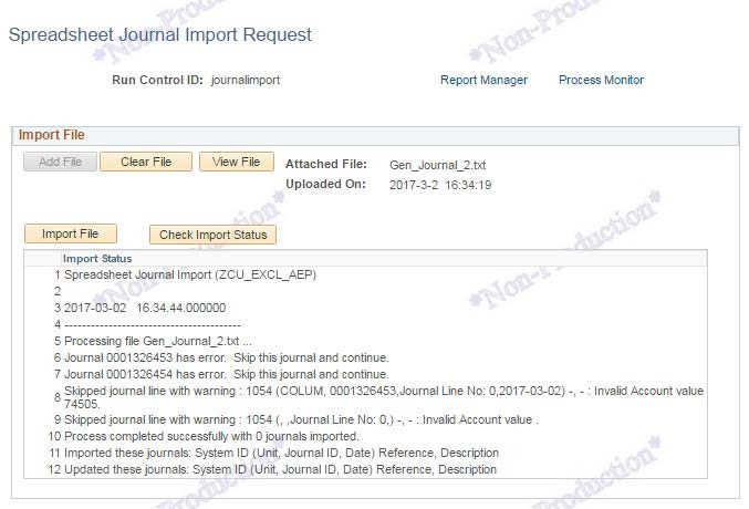 If the journal upload process ran successfully but there are other issues with the journal rows, such as invalid or missing ChartField values, the errors will appear in the log messages box.