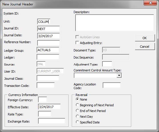 The New Journal Header window appears.