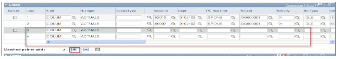 Click the + button to create an additional Journal Entry line and populate the journal information in the additional rows.