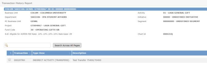 The Transaction History Report screen appears which displays a list of transactions. 