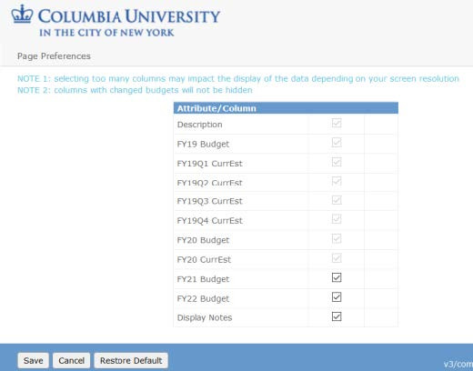 On any budget screen, click the Preferences link from the top right to select to display or hide attributes or columns. 
