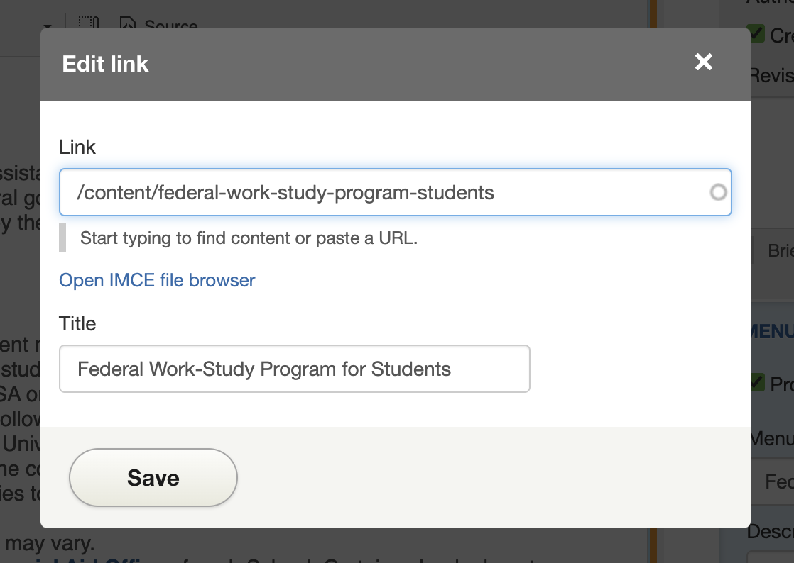 Click on the name of the page you would like to link. The link field and title field will populate. Click Save.