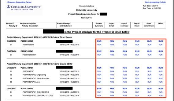 The Project Reporting Jump Page