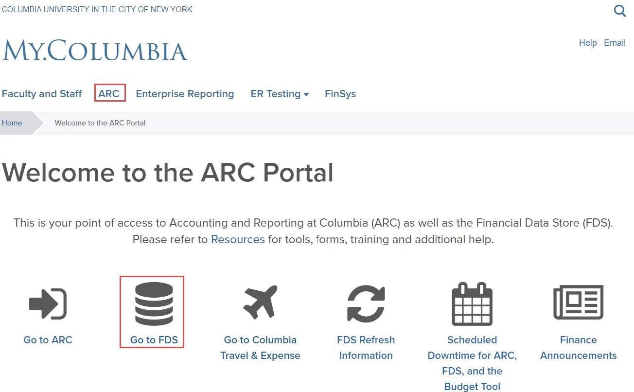 From the My Columbia page, click on the ARC link, then click on the Go to FDS icon: