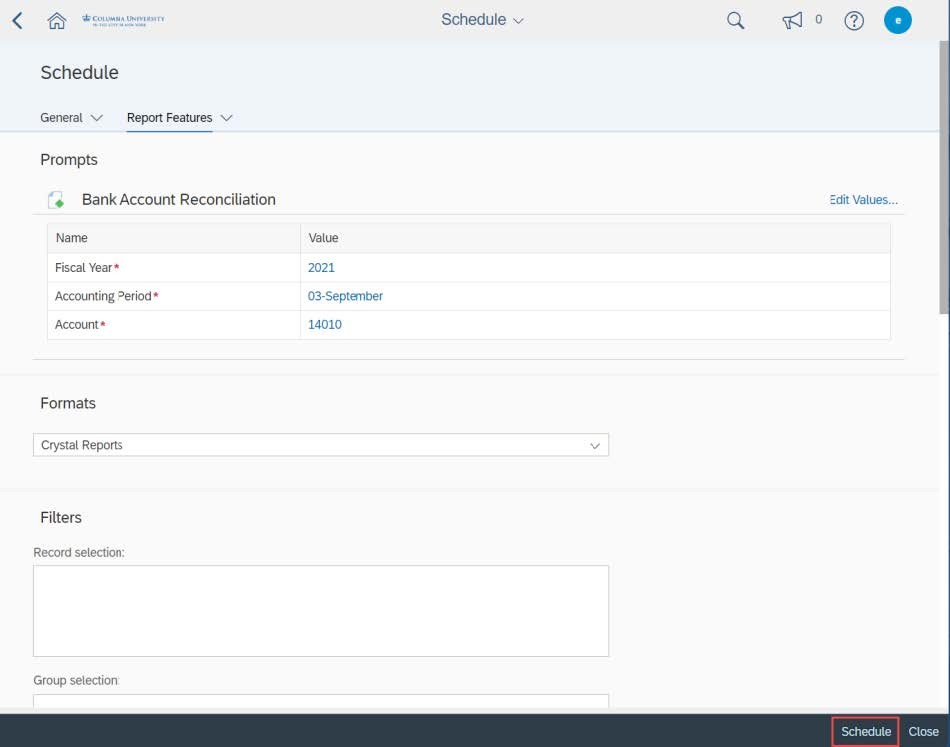 After you have entered the Report Features fields, click the Schedule button.