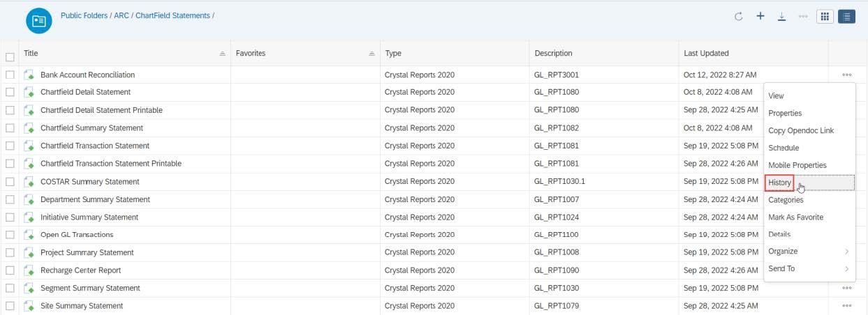 Click the Actions button on the scheduled report and select History.