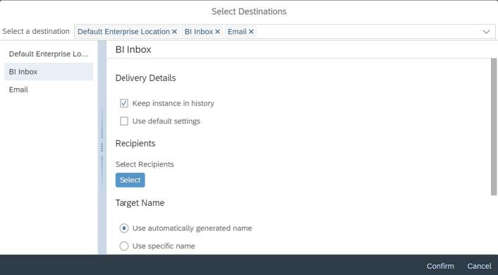 Select the checkbox(es) for the destination(s) you want to include. Each selection appears in the left panel.
