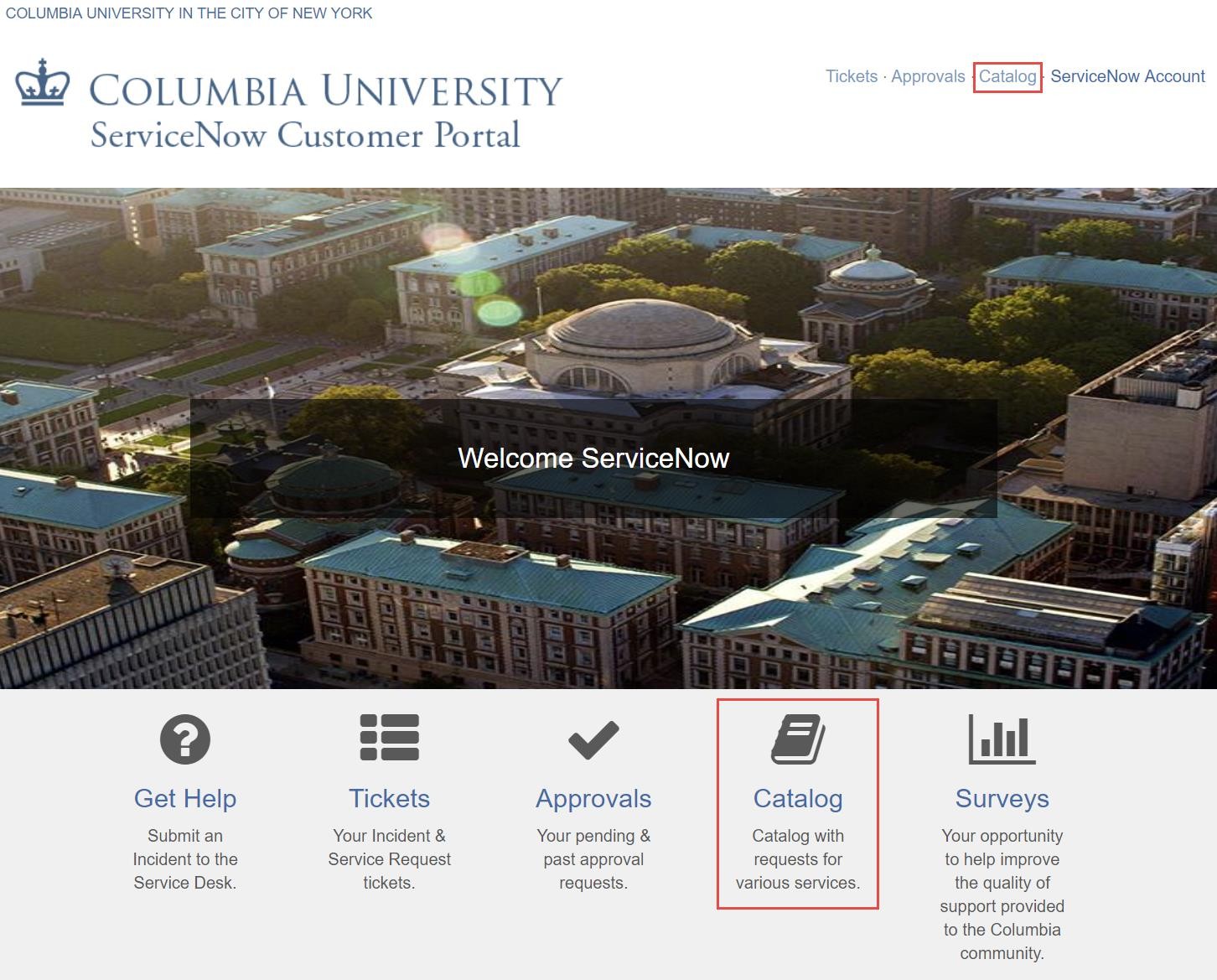 Click Catalog from either the upper right side or the bottom of the ServiceNow Customer Portal Screen.