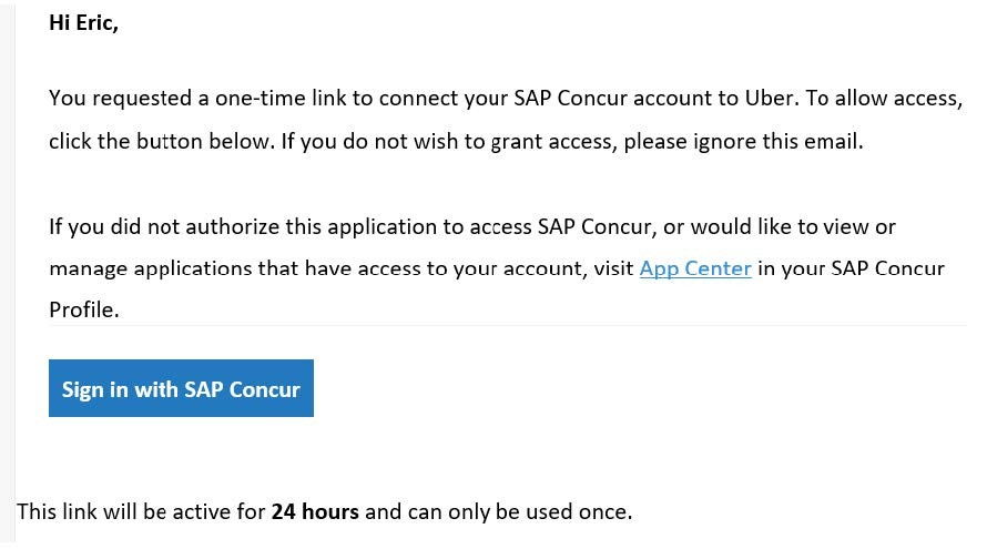 You will receive an email containing a button to Sign in with SAP Concur. On your desktop email application, click the button.