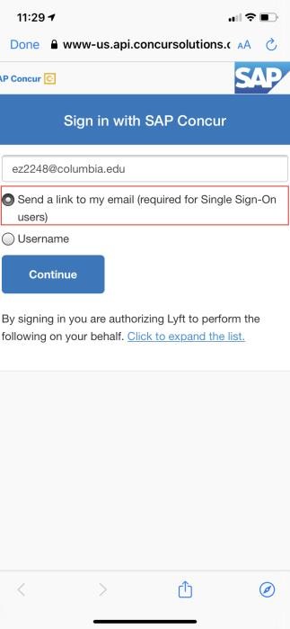 Enter your Columbia email address associated with your Concur account.