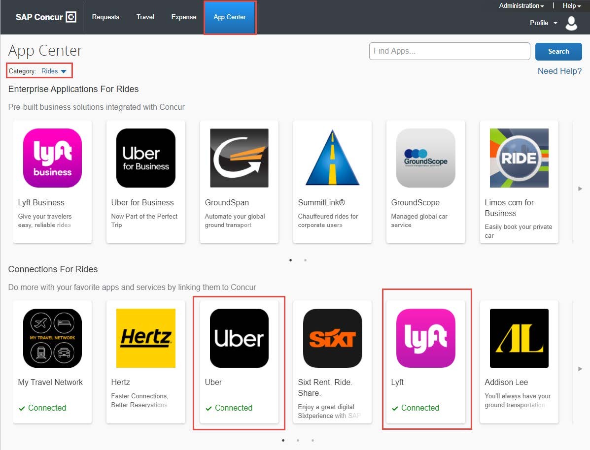 In Concur, click the App Center.