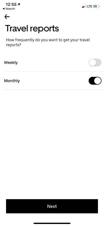 Optionally, you can choose the frequency of Travel (Uber ride) reports. Select Next.