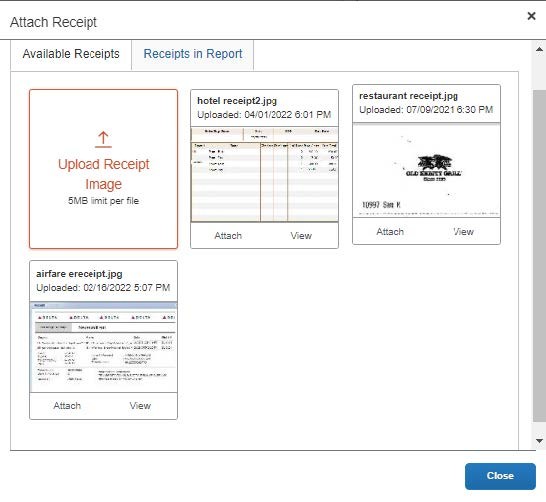 The Attach Receipt window appears displaying previously attached receipts or receipts you captured using the Concur Mobile App.