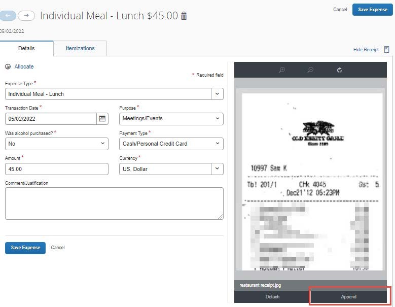 Click the Append button. If the Append button does not appear, click Save Expense and reopen the Expense Item.