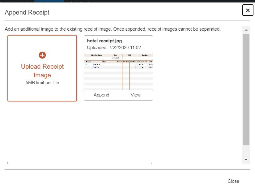 Click Upload Receipt Image to search and select the image from your files to append or you can select a receipt from Available Receipts.