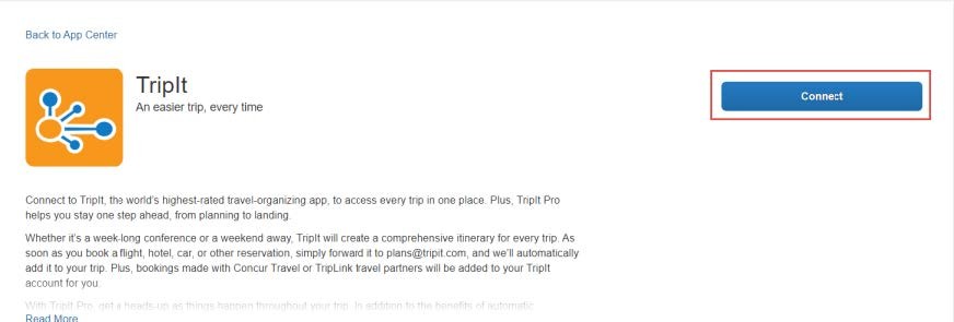 Click the TripIt tile. The TripIt informational page appears.