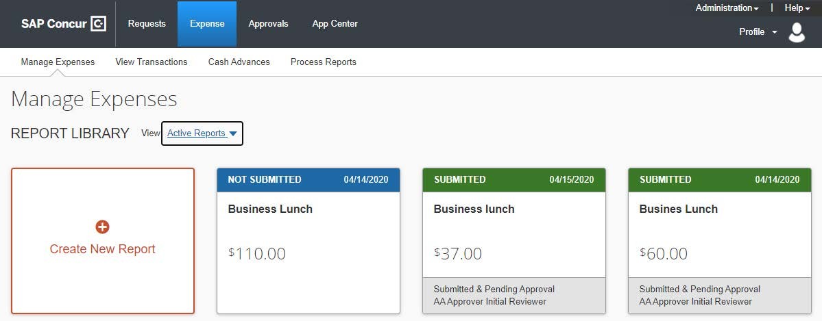 Click the Expense tab. The initial Report Library View displays Active Expense Reports.