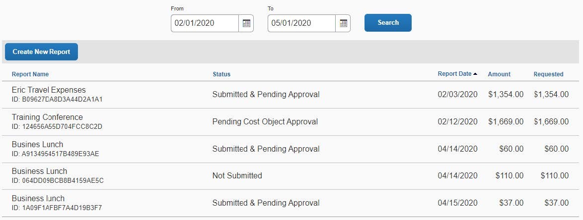 You can click a column heading to sort the list in order of that column. Click a Report row to view that specific Expense Report.
