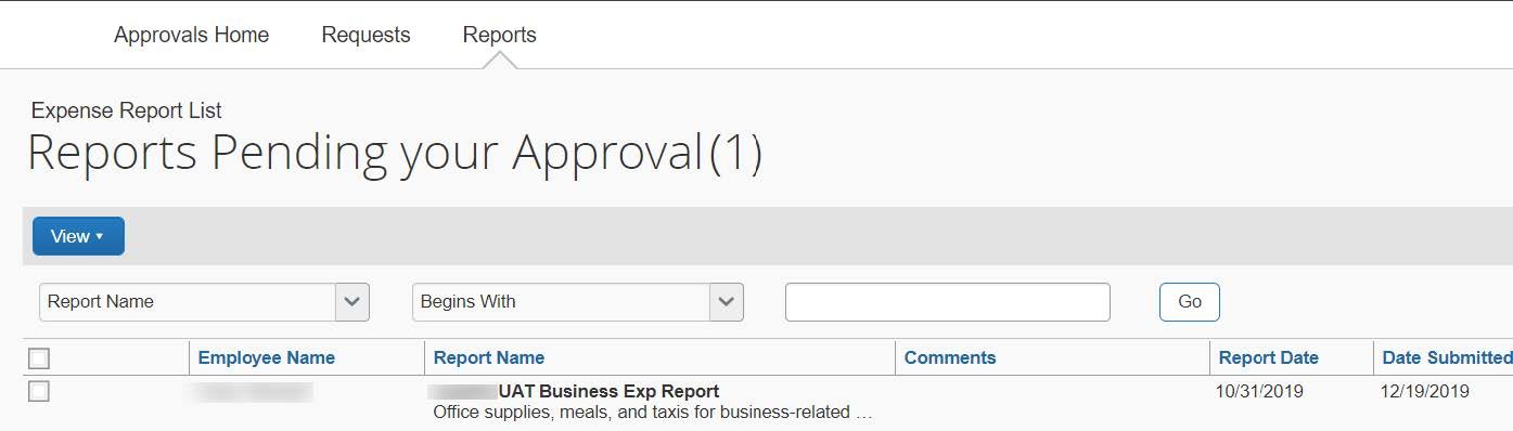 The initial view of Reports Awaiting Your Approval appears in the Expense Report List.