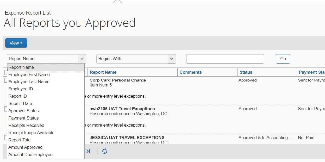 The results for the selected View appear. You can filter the list by various Report attributes.
