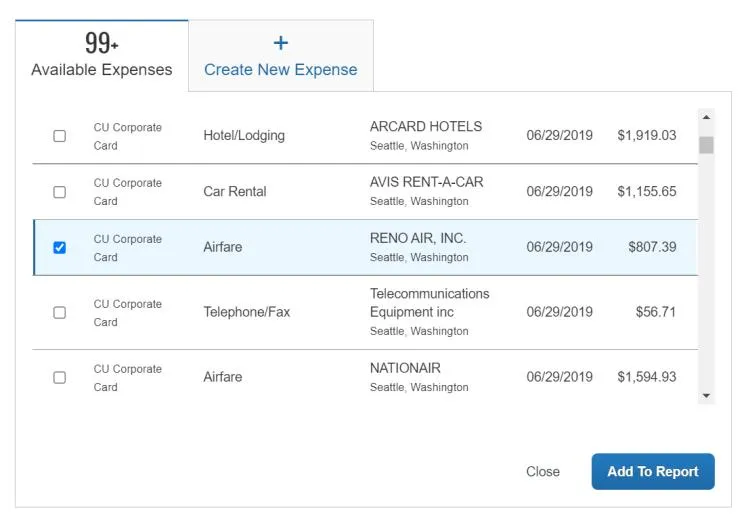 The Add Expense window appears with your Corporate Card or Columbia Air/Rail Central Pay transactions under Available Expenses.
