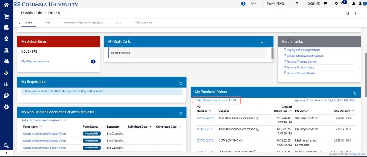 CU Marketplace Orders Dashboard screenshot. 