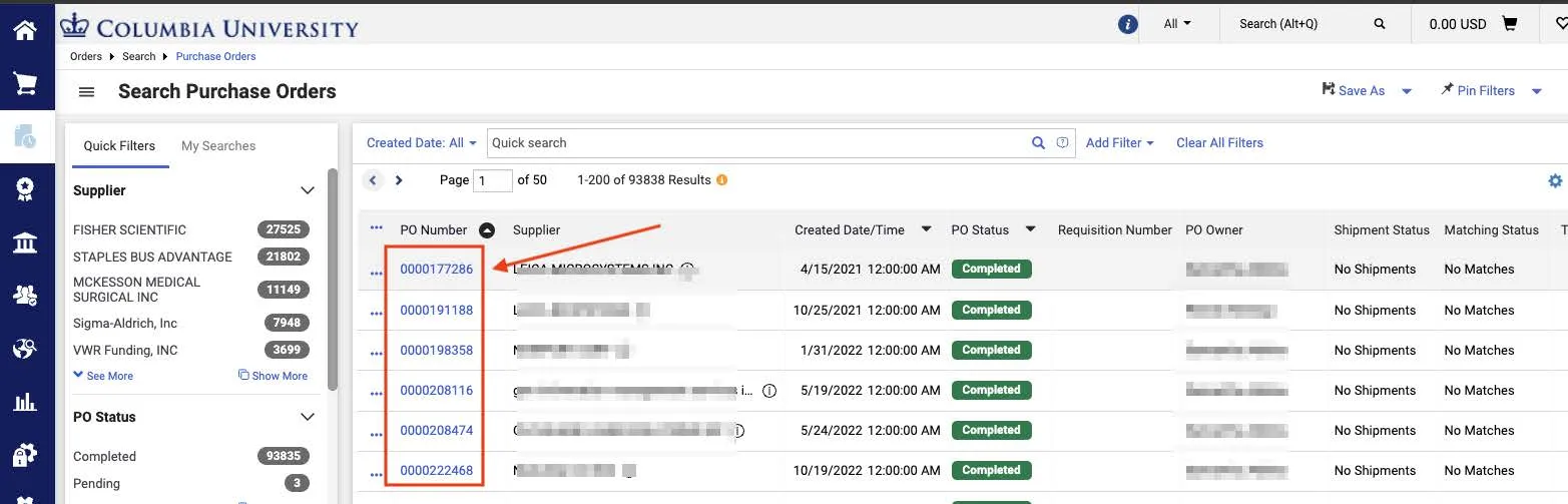 Search Purchase Orders Screenshot