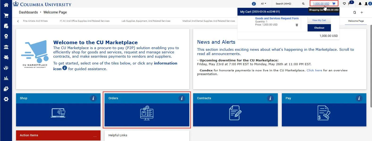 CU Marketplace dashboard screenshot. 