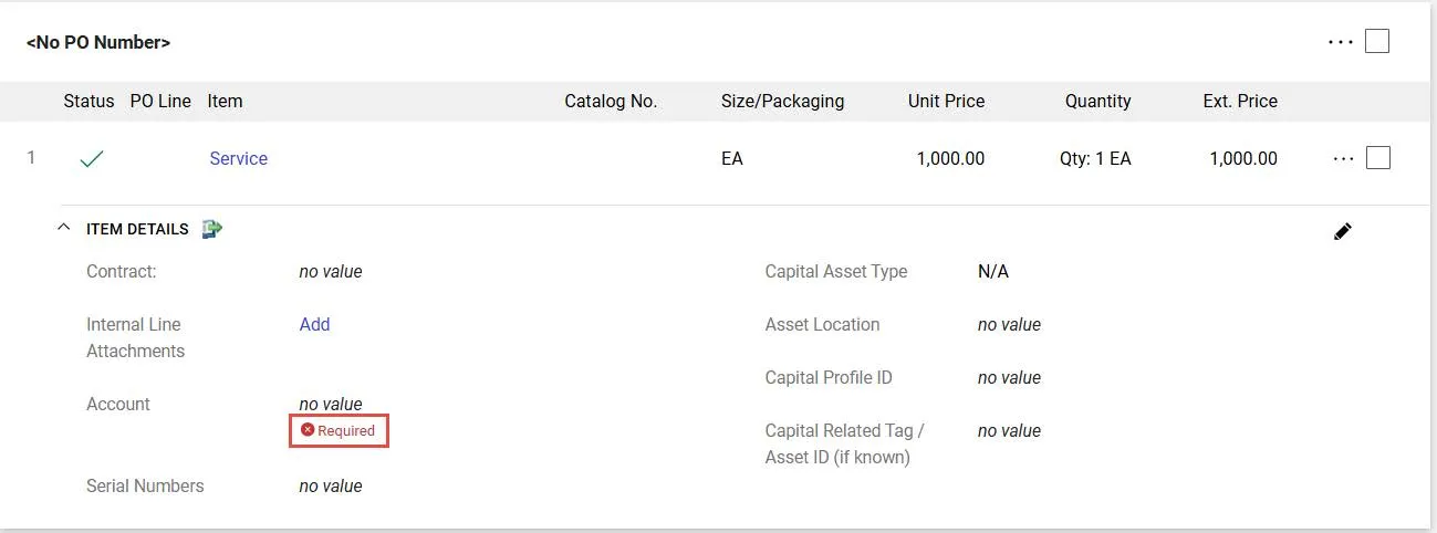The Item Details appear and the Account field appears as required. 