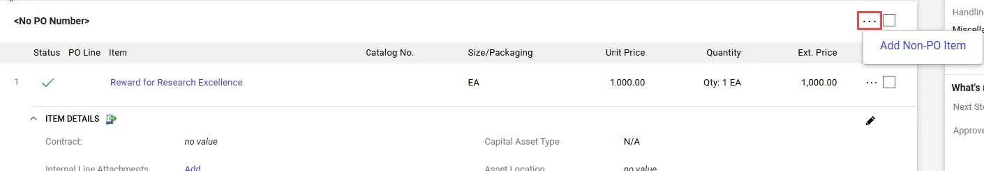 Click the Actions link at the top right of the Line section and select Add Non-PO Item.