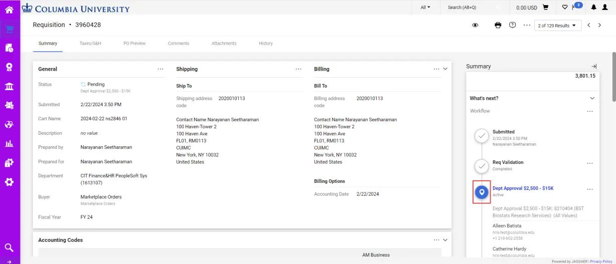 The Summary Pane on the right-hand side will display the approval workflow status.