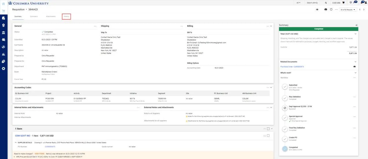 The History tab displays what was modified, the action, by whom, the date and time of the action, and other information or notes.