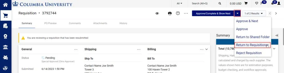 CU Marketplace Requisition Dashboard with the Return to Requisitioner link highlighted.