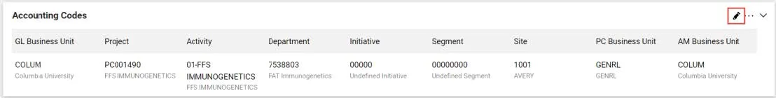 On the Checkout screen, click the Edit icon for Accounting Codes.
