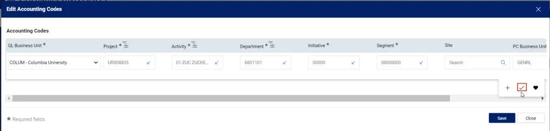 The Edit window will appear. It will display the default or populated ChartFields.