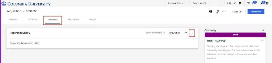 Requisitions Comments Tab screenshot