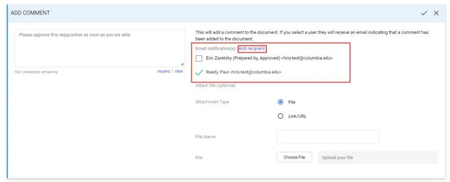 Add comments screen with the Add recipients link highlighted. 