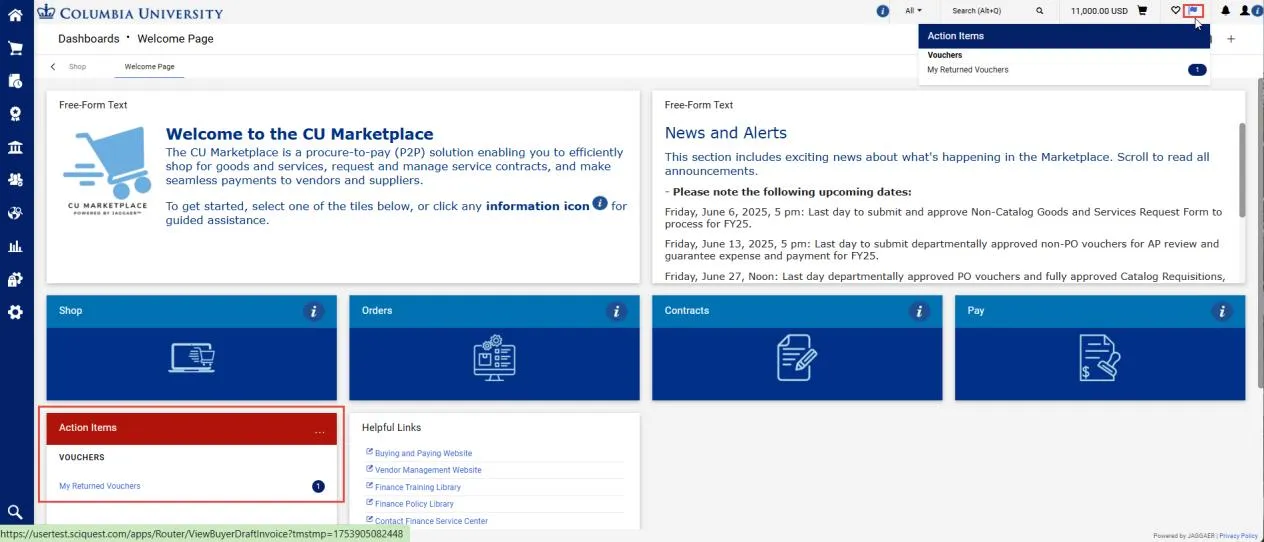 CU Marketplace Dashboard Welcome Page with the action items box highlighted. 