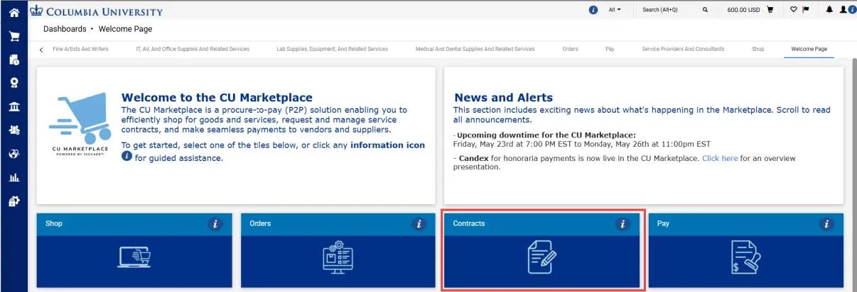 From the CU Marketplace Welcome page, click the Contracts tile.