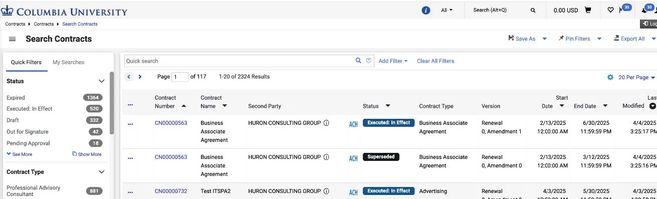 The New search page displays showing your Contracts.