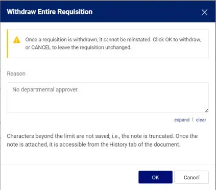 The Withdraw Entire Requisition window.