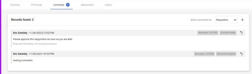 Comments screen in CU Marketplace. 