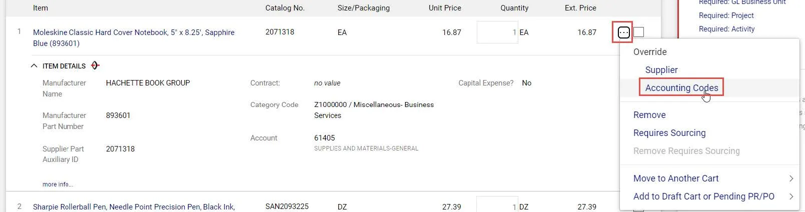 Each item in your Cart can also be updated with different ChartStrings. Click the Line Item Actions icon for the item and select Accounting Codes.