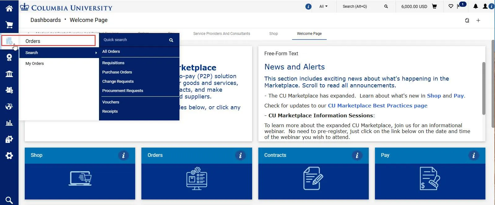 CU Marketplace Dashboard with the orders tab expanded and highlighted. 