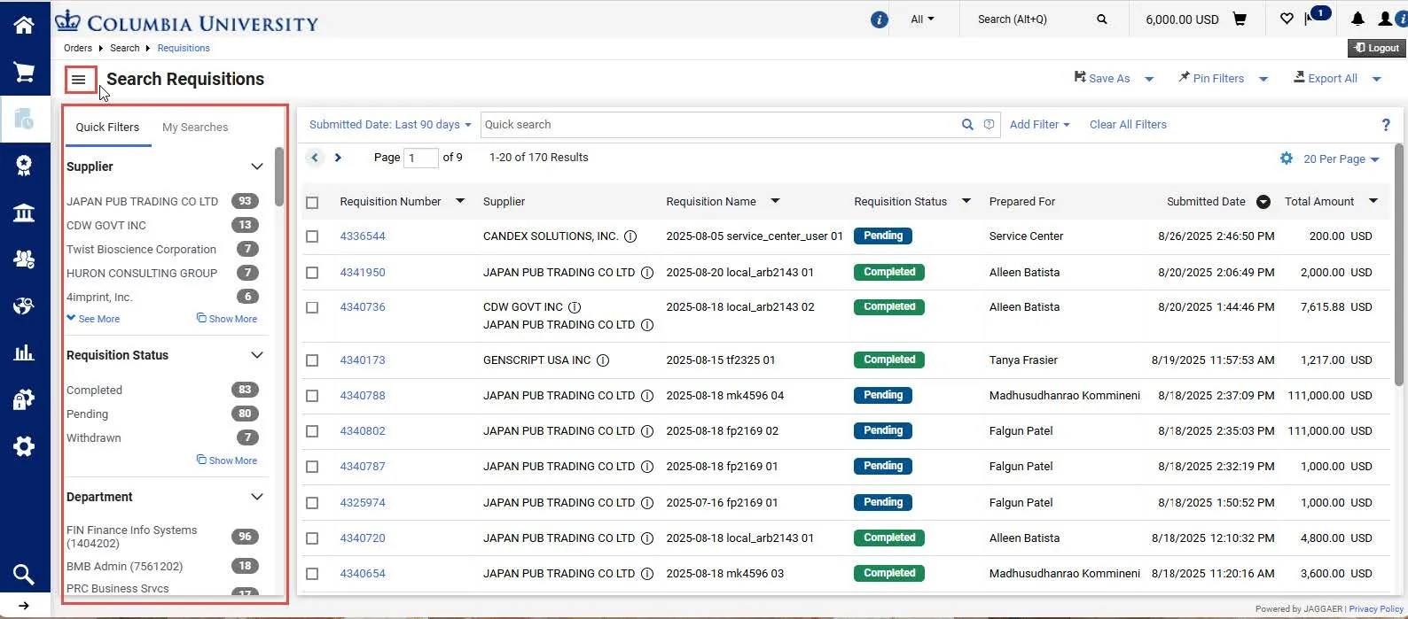 Search Requisitions screen with the side panel highlighted.