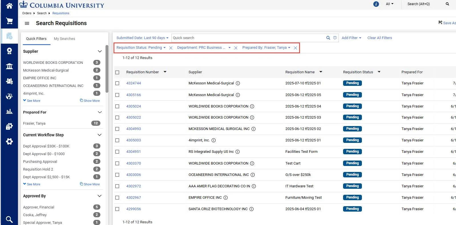 Search Requisitions screen with the status line at the top of the page highlighted.