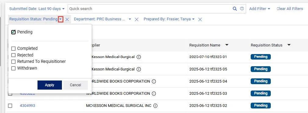Click the dropdown arrow next each Filter to select or change the Filter values and click Apply.