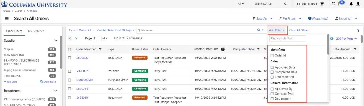 Search all orders screen with Filters Highlighted. 