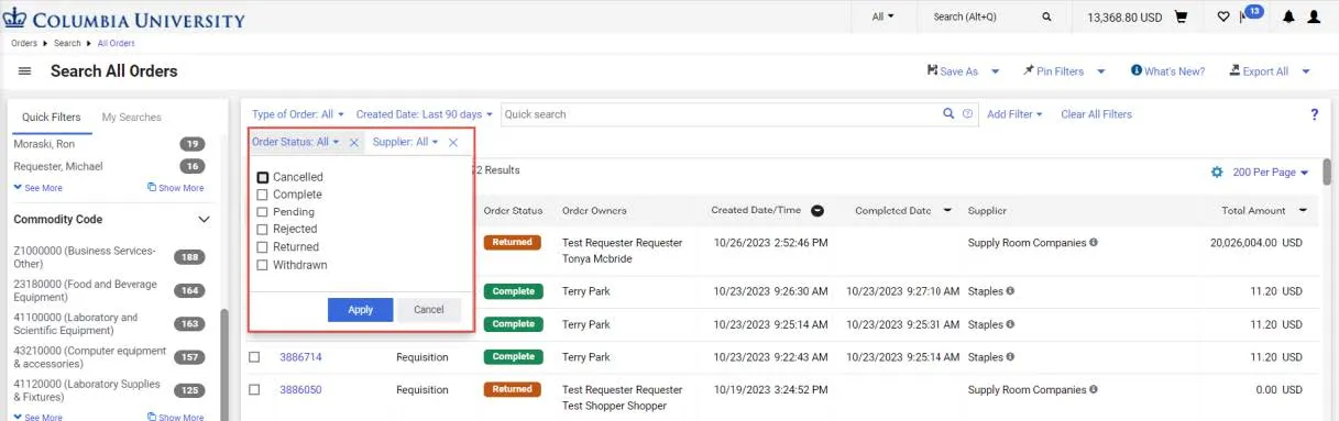 The Filter(s) you added appear above the list column headers.